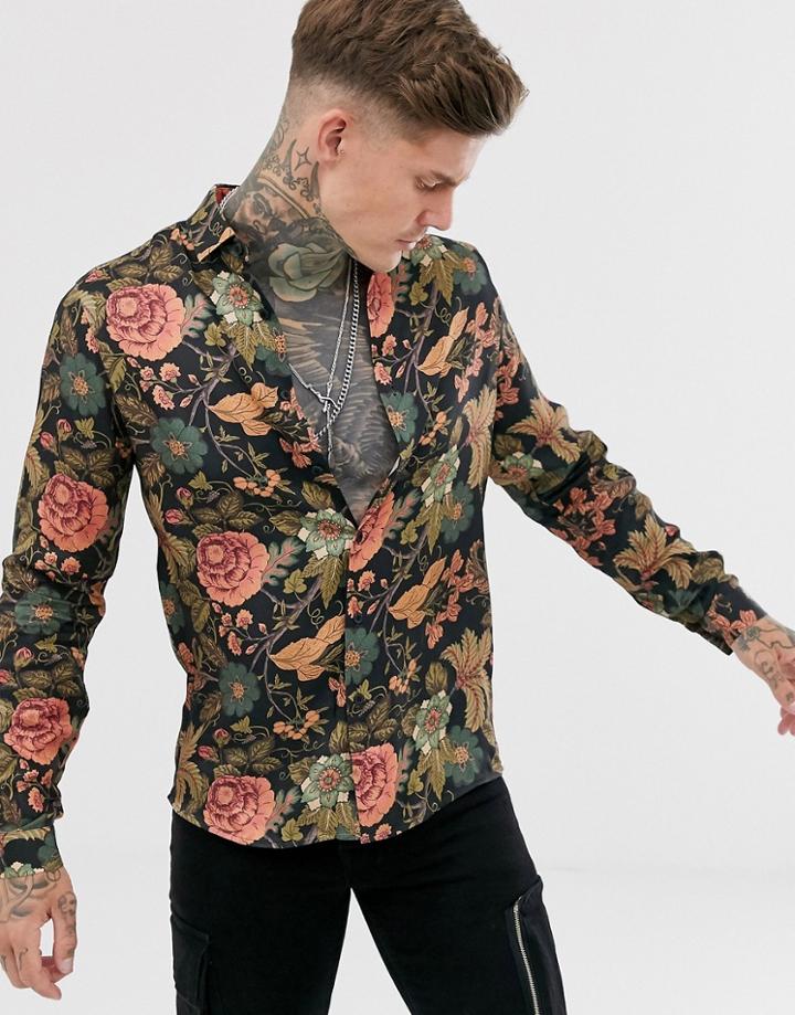 Asos Design Slim Fit Shirt In Black Floral - Black