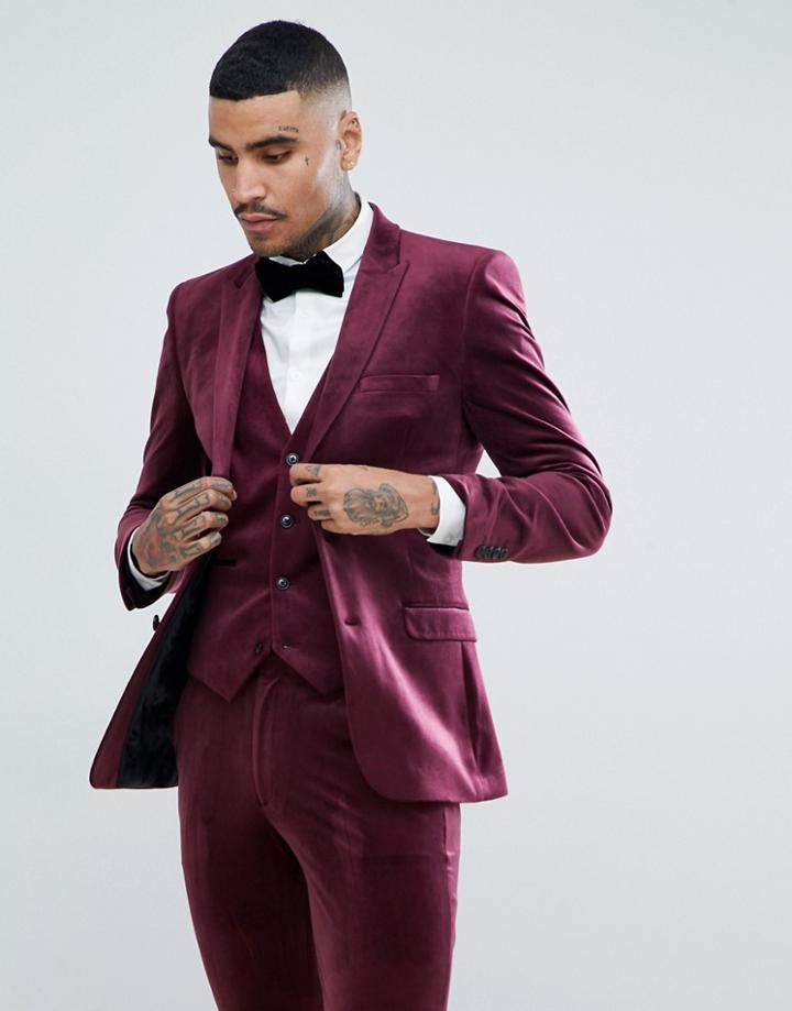 Asos Design Super Skinny Suit Jacket In Burgundy Velvet - Red