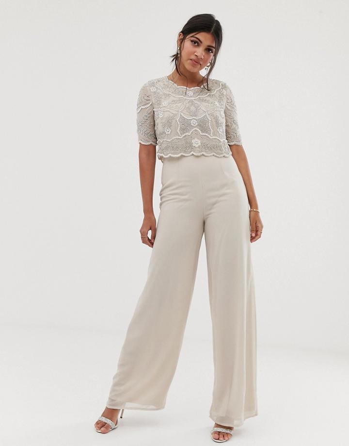 Amelia Rose Embellished Wide Leg Jumpsuit In Soft Beige-pink