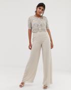 Amelia Rose Embellished Wide Leg Jumpsuit In Soft Beige-pink