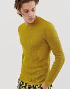 Asos Design Knitted Muscle Fit Sheer Mesh Sweater In Mustard - Yellow