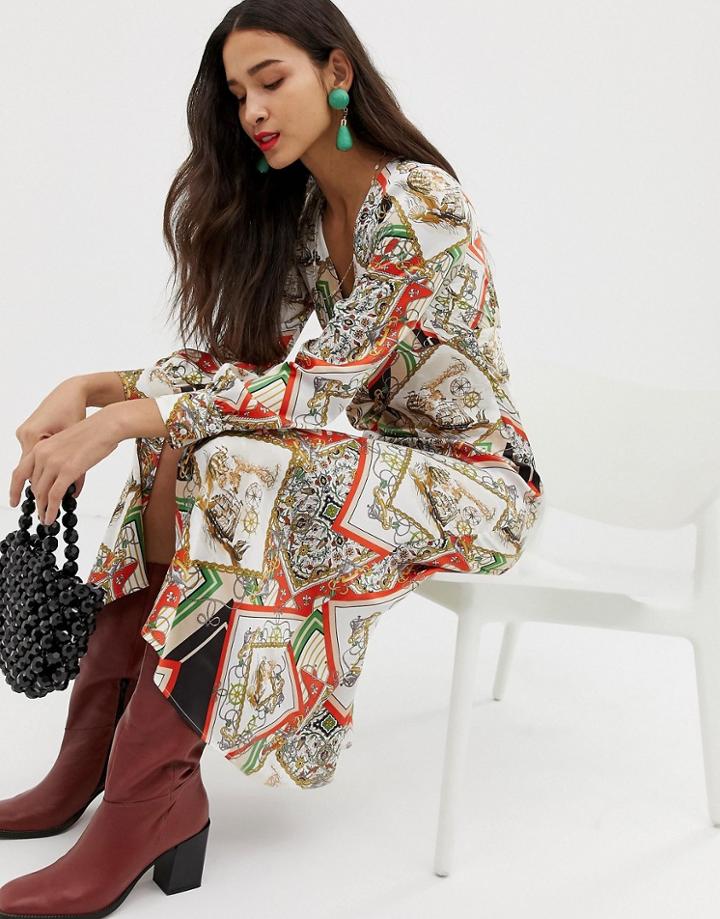 Stradivarius V Neck Chain Print Maxi In Multi - Multi