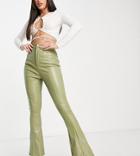 Missguided Tall Faux Leather Kick Flare Pants In Khaki-green