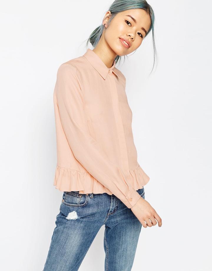 Asos Casual Shirt With Ruffle Hem - Pink