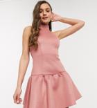 Asos Design Petite High Neck Embossed Mini Skater Dress In Dark Pink