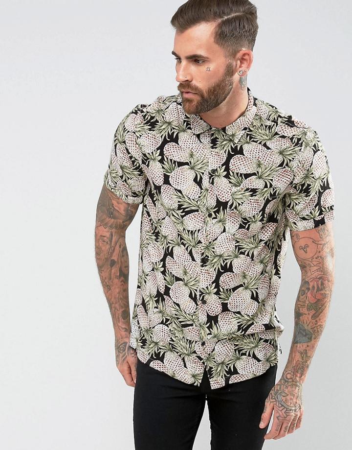 Religion Short Sleeve Shirt With Pineapple Print - Black