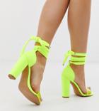 Asos Design Wide Fit Witness Barely There Block Heeled Sandals In Neon Yellow - Yellow