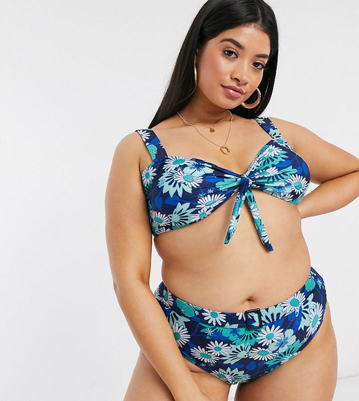Brave Soul Plus Printed Bikini Bottoms With Belt And Buckle-blues