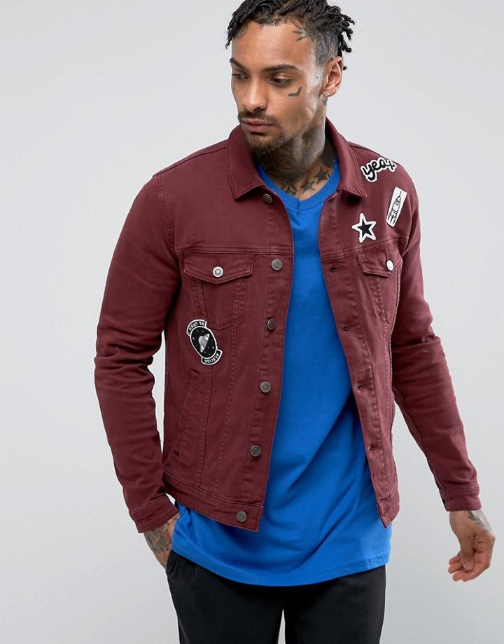 Asos Skinny Denim Jacket With Badges In Burgundy - Red