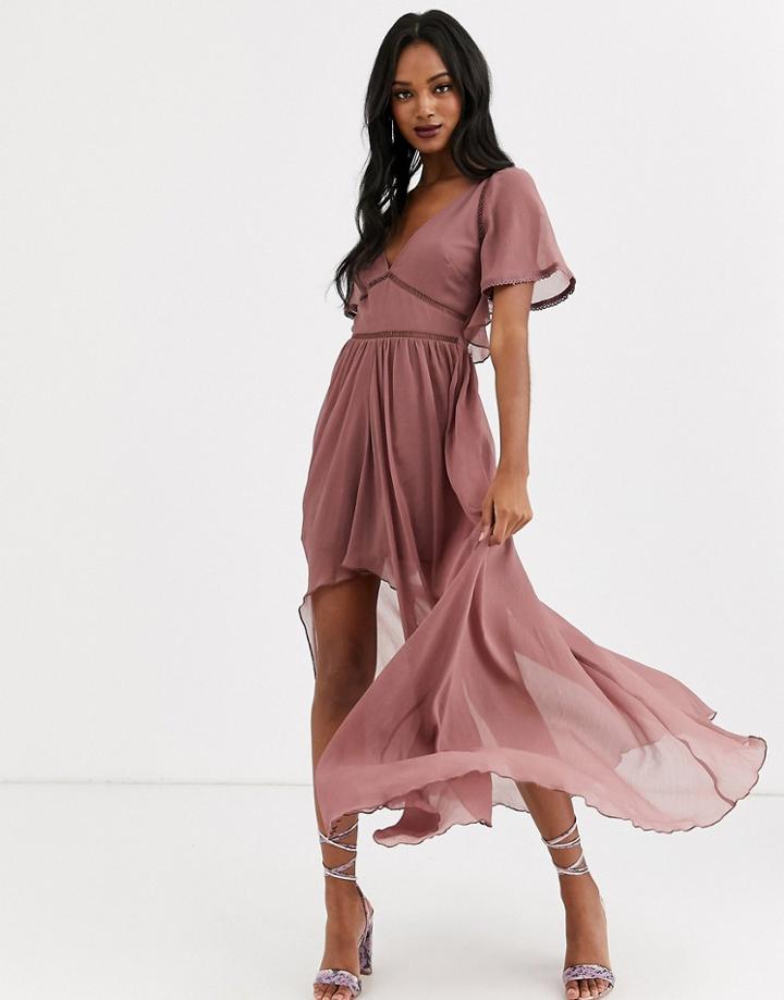 Asos Design Maxi Dress With Ladder Lace Trims And Dip Hem - Purple
