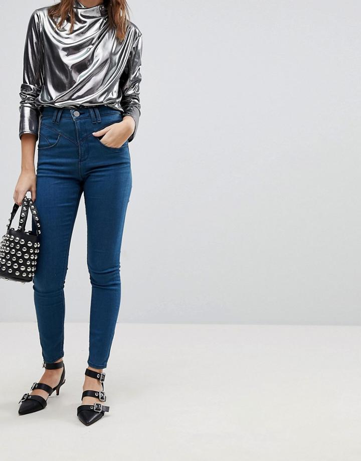 Asos Ridley High Waist Skinny Jeans With Gia Styling In Freddie Dark Blue Wash - Blue