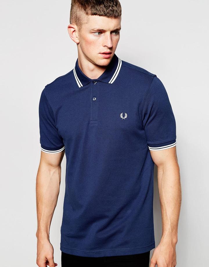 Fred Perry Polo Shirt With Twin Tip In Slim Fit Service Blue - Service Blu