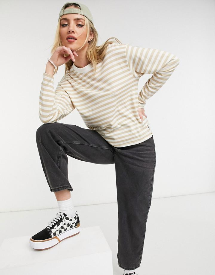 Monki Maja Organic Cotton Blend Stripe Long Sleeve Top In Beige And White