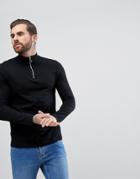 Asos Zip Neck Fit T-shirt With Long Sleeves In Black - Black