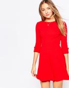 Club L Skater Dress With Button Sleeve Detail - Red