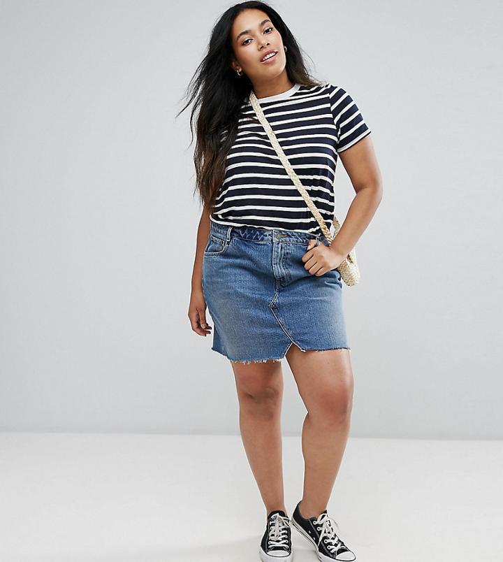Asos Design Curve Denim Pelmet Skirt In Midwash Blue - Blue