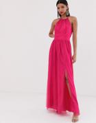 Little Mistress Gathered Neck Pleated Maxi Dress In Fuschia-pink