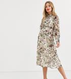 Hope & Ivy Maternity High Neck Midi Dress With Gathered Cuff In Cream Tapestry Print - Cream