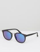 Asos Round Sunglasses In Matt Black With Blue Mirror Lens - Black