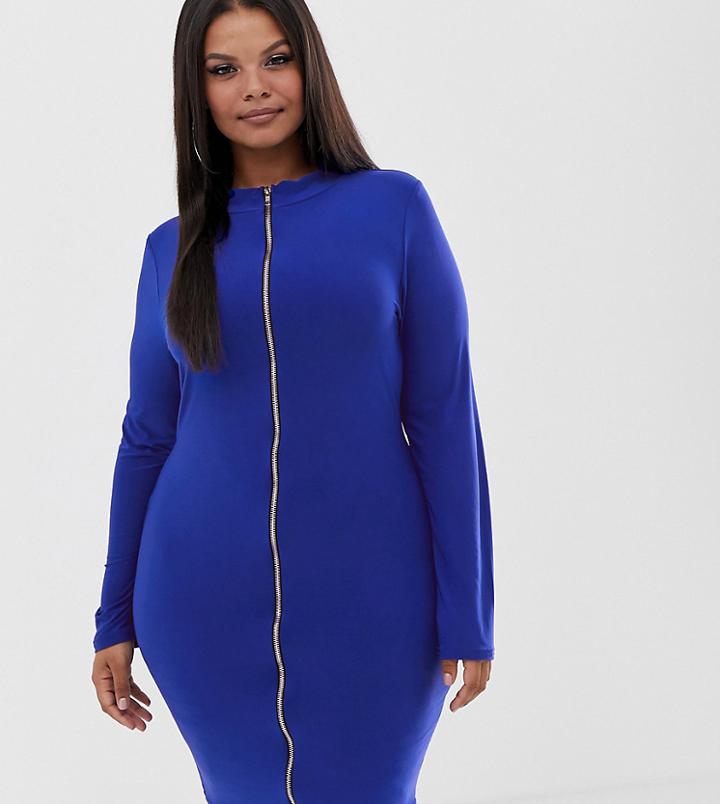 Fashionkilla Plus Zip Front Bodycon Dress In Blue - Red