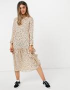 Asos Design Long Sleeve Tiered Smock Midi Dress In Beige Spot-multi