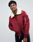 Alpha Industries Bomber Jacket With Shearling Collar In Slim Fit Burgundy - Red