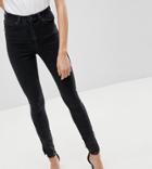 Asos Tall Ridley High Waist Skinny Jeans In Washed Black With Leather Look Western Hem Detail - Black