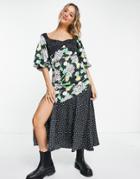 Asos Design Mixed Print Shirred Midi Tea Dress With Bubble Sleeve-multi