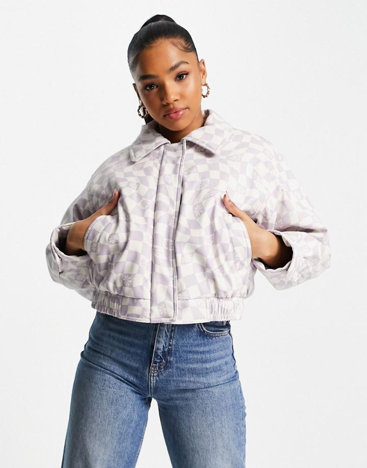 Asos Design Printed Faux Leather Bomber Jacket In Lilac-purple