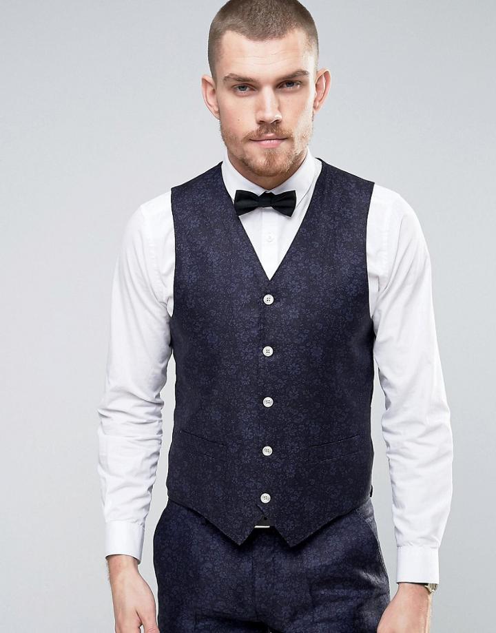 Gianni Feraud Slim Fit Linen Floral Wedding Vest - Navy