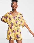 En Cr Me Romper In Yellow Floral With Frill Hem