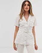Asos Design Short Sleeve Longline Utility Shirt With Belt Detail - White