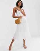 Asos Design Drop Waist Broderie Midi Skirt With Scalloped Hem - Multi