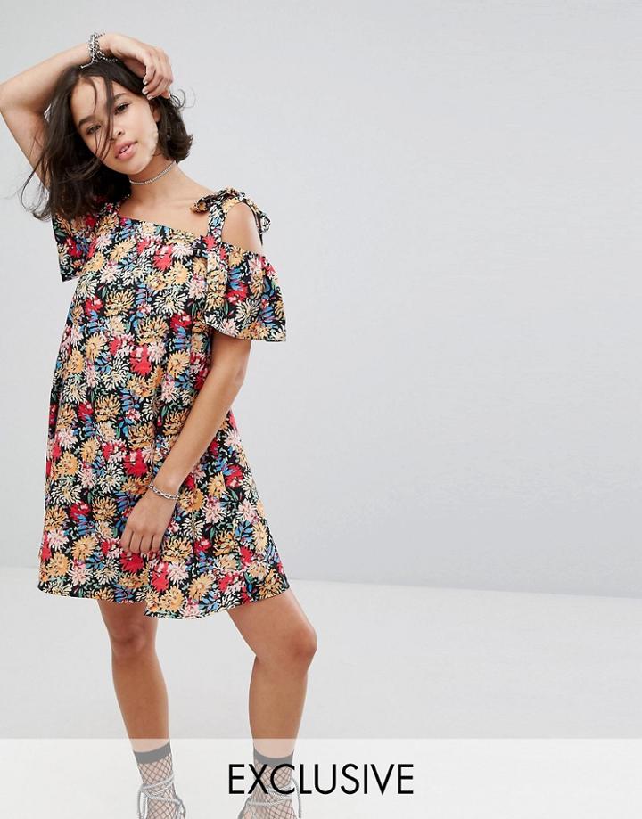 Reclaimed Vintage Inspired Cold Shoulder Mini Dress With Tie Straps In Floral - Multi
