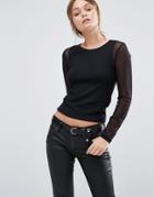 New Look Mesh Sleeve Crop Top - Black
