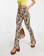 Only High Waisted Flared Pants In Brown Retro Floral-multi