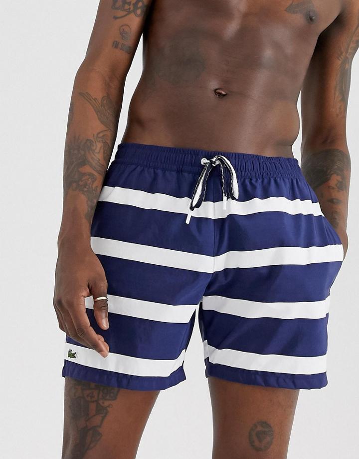 Lacoste Stripe Swim Shorts In Navy