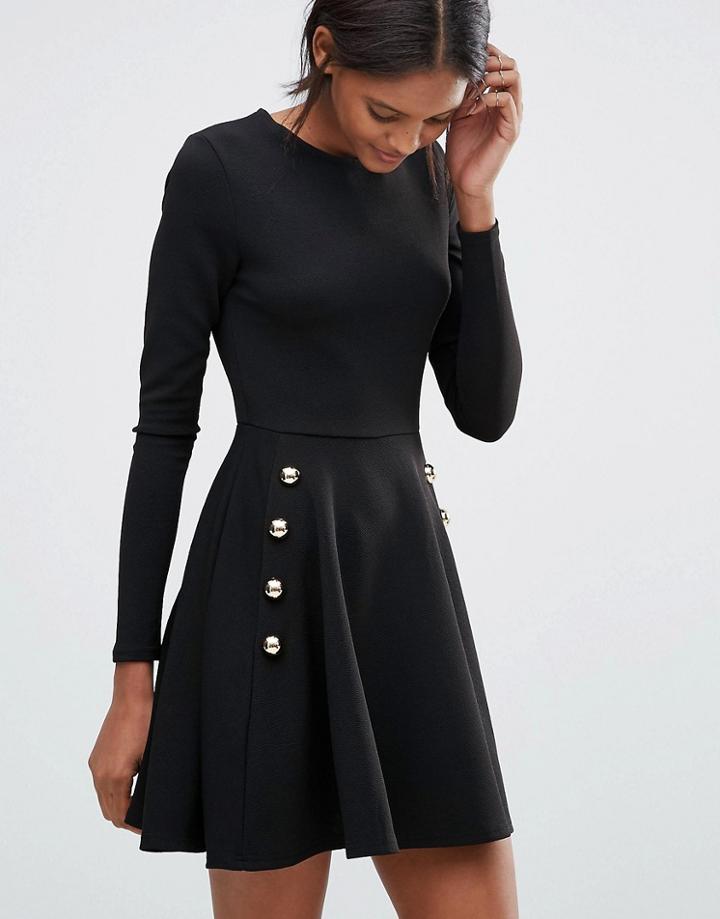 Club L Miltary Detailed Crepe Skater Dress - Black