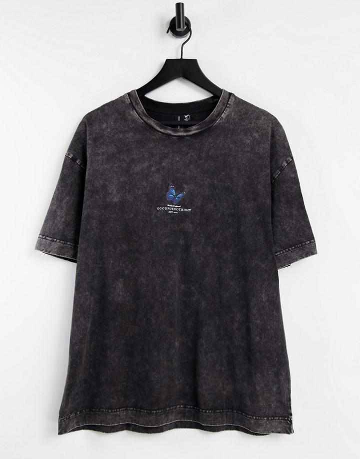 Good For Nothing Oversized T-shirt In Black Acid Wash With Small Butterfly Chest Print