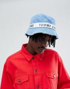 Tommy Jeans Taped Logo Denim Bucket Hat Frayed Edge In Mid Wash - Blue