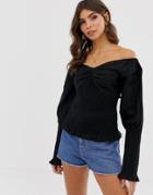 Asos Design Long Sleeve Off The Shoulder Top With Shirring Detail-black