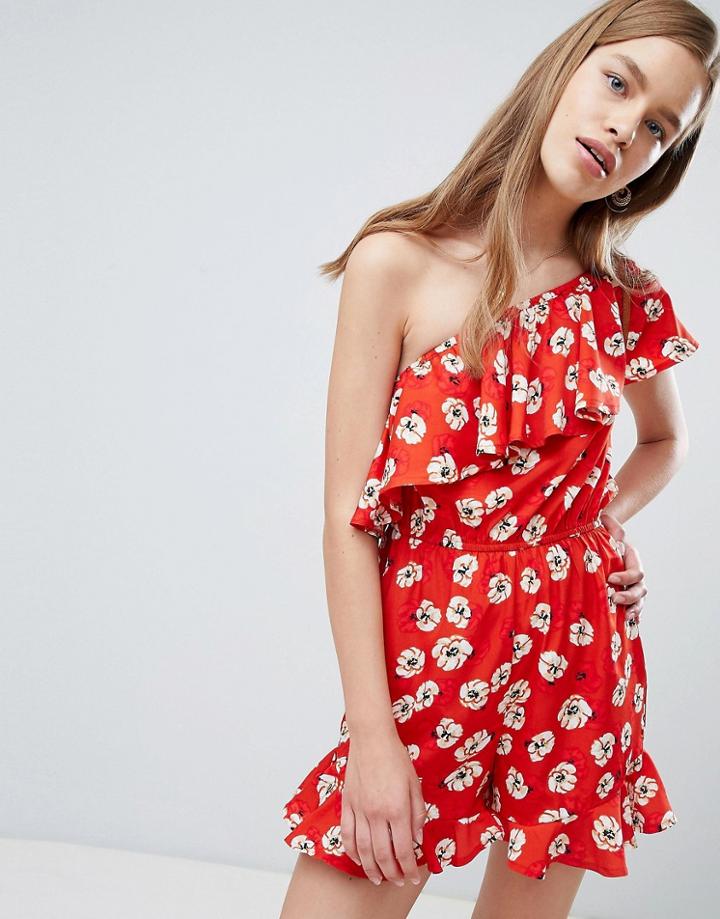 Influence One Shoulder Floral Romper - Red