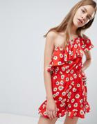 Influence One Shoulder Floral Romper - Red