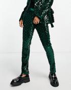 Asos Design Skinny Suit Pants In Sequin Diamond Velvet In Green