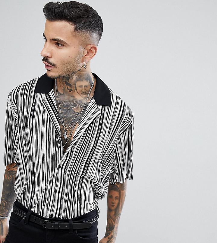 Reclaimed Vintage Inspired Revere Shirt With Short Sleeves In Black Stripe Reg Fit - Black