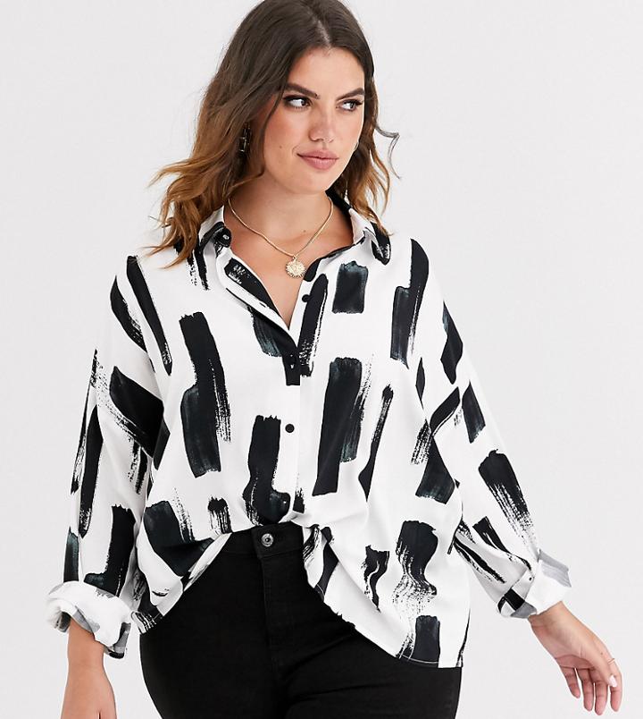 Asos Design Curve Long Sleeve Cropped Shirt In Brush Stroke Print-no Color