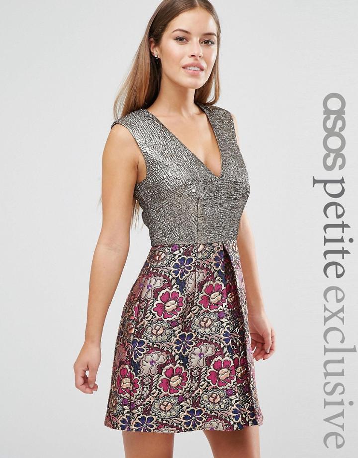 Asos Petite A-line Mini Dress In Mixed Floral Metallic Jacquard - Multi