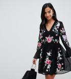 Asos Design Petite Embroidered Mini Dress With Lace Trims - Black
