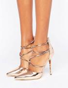 Office Spears Rose Gold Cross Strap Heeled Shoes - Gold