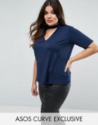 Asos Curve Plunge Top In Crepe With Choker Neck Detail - Navy
